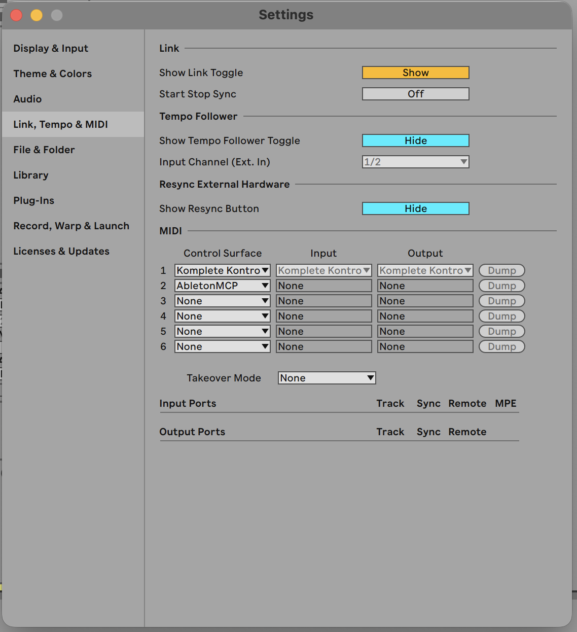 Ableton Settings → Link, Tempo & MIDI: AbletonMCP выбран как Control Surface, Input и Output — None